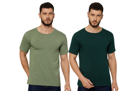 T-Shirt for Men (Olive + Jungle Green) - 100% Cotton Casual | Half Sleeve, Round Neck 4 Way Stretch Fabric | Slim Fit T-Shirt (Pack of 2)