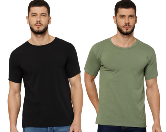 T-Shirt for Men (Olive Green + Black) - 100% Cotton Casual T-Shirt | Half Sleeve, Round Neck 4 Way Stretch Fabric | Slim Fit T-Shirt (Pack of 2)