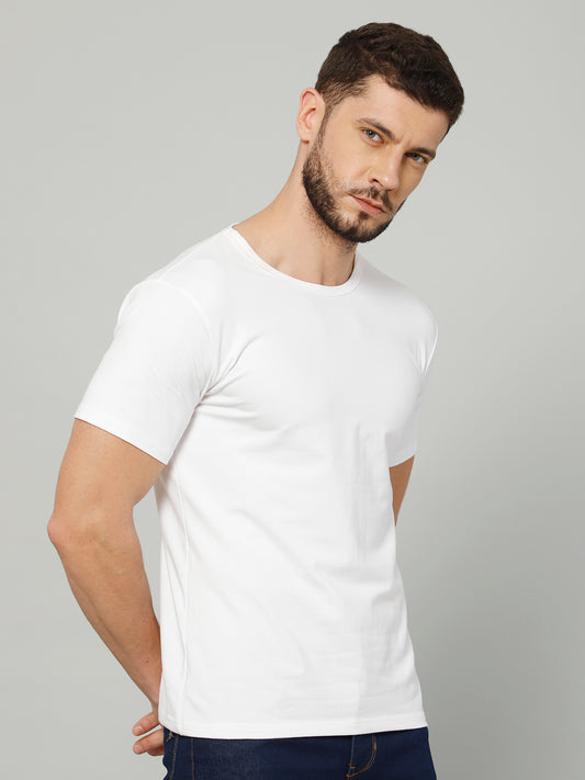 White T-Shirt for Men - 100% Cotton Casual T-Shirt | Half Sleeve, Round Neck 4 Way Stretch Fabric | Slim Fit T-Shirt